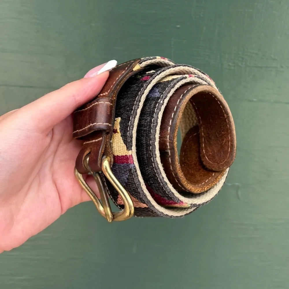 Mens Vintage Western Woven Mayan Textile Leather Belt Brass Buckle Preppy Gorp